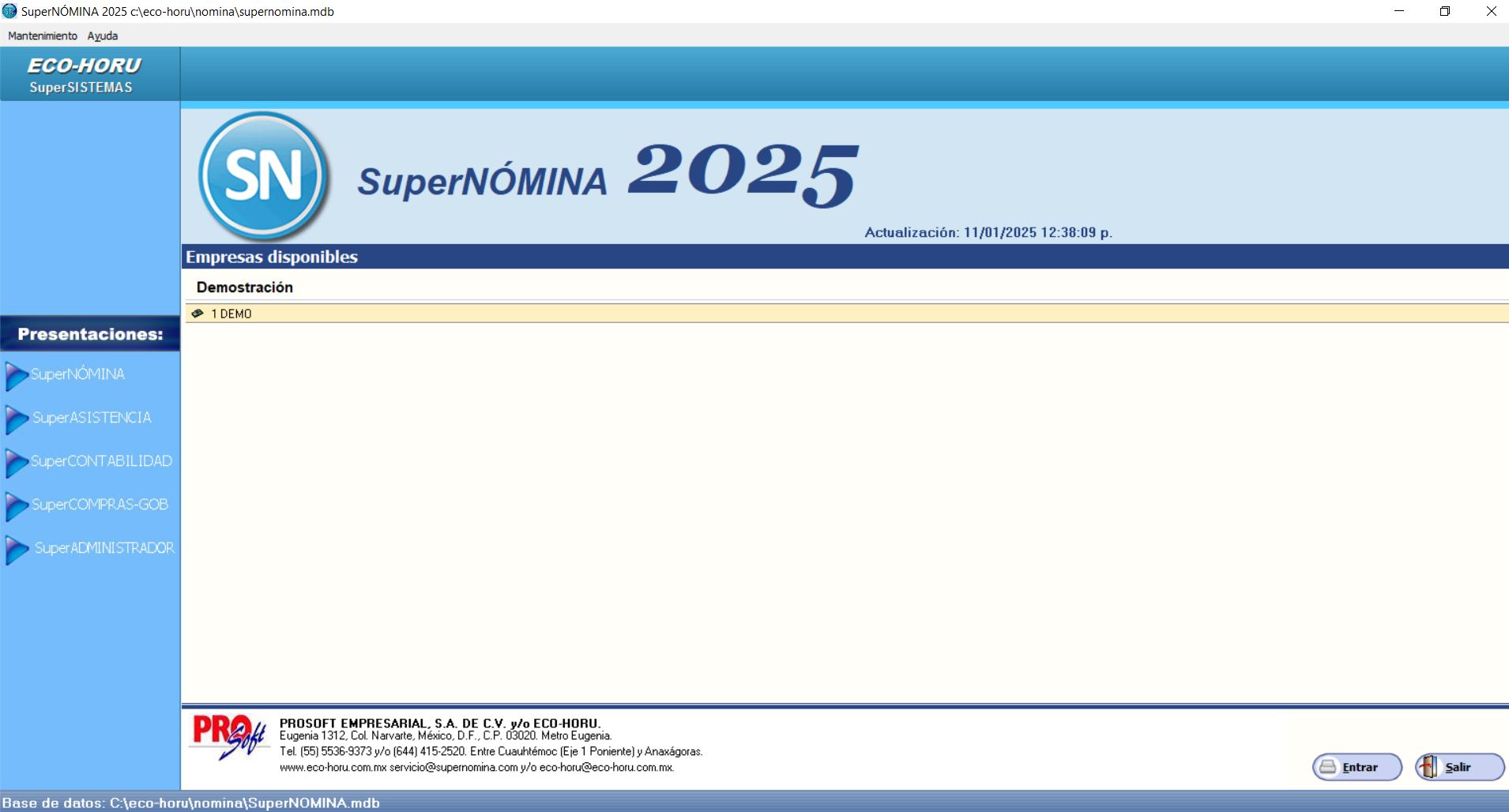 Pantalla del sistema SuperNOMINA